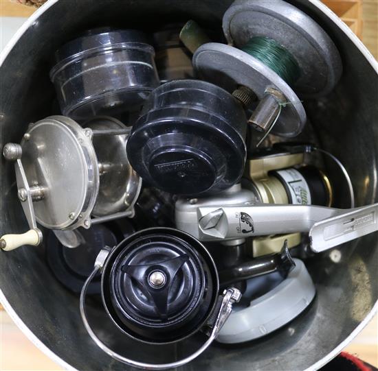 A group of fishing reels